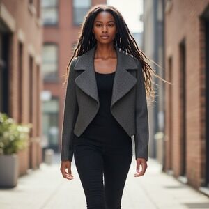 71 Stanton Blazer M Black Textured Open Frnt Cropped Jacquard Artsy Lapel Jacket